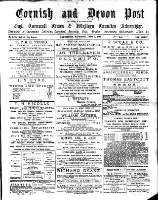 cover page of Cornish & Devon Post published on July 6, 1878