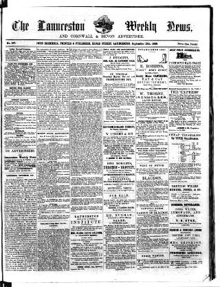 cover page of Launceston Weekly News, and Cornwall & Devon Advertiser. published on September 18, 1858