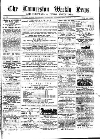 cover page of Launceston Weekly News, and Cornwall & Devon Advertiser. published on November 15, 1862