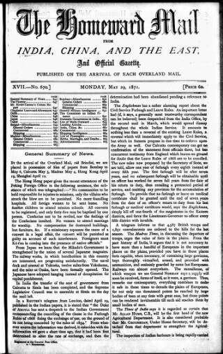 cover page of Homeward Mail from India, China and the East published on May 29, 1871