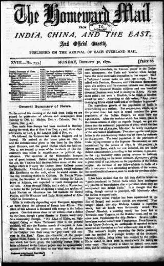 cover page of Homeward Mail from India, China and the East published on December 30, 1872