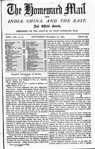 cover page of Homeward Mail from India, China and the East published on November 15, 1879