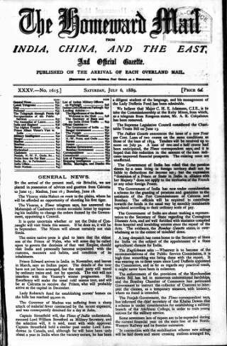 cover page of Homeward Mail from India, China and the East published on July 6, 1889