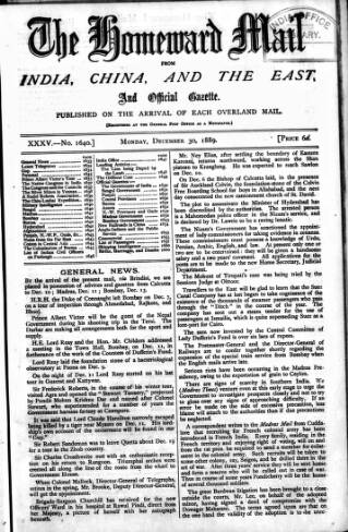 cover page of Homeward Mail from India, China and the East published on December 30, 1889