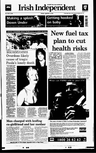 cover page of Irish Independent published on September 18, 2000