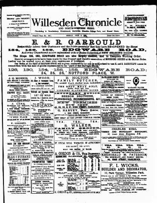 cover page of Willesden Chronicle published on July 6, 1888