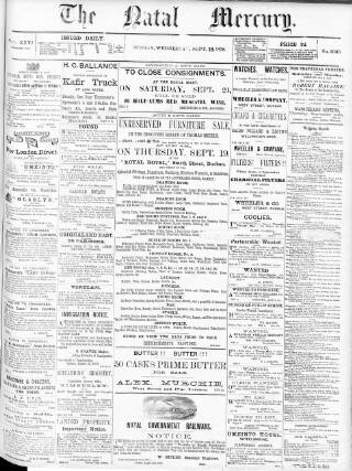 cover page of Natal Mercury published on September 18, 1878