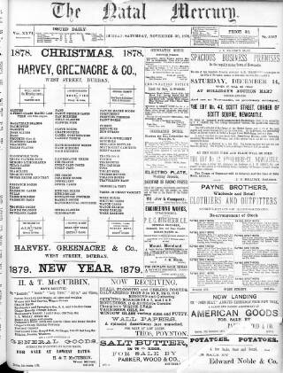 cover page of Natal Mercury published on November 30, 1878