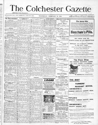 cover page of Colchester Gazette published on February 19, 1919