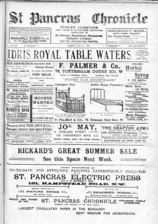 cover page of St. Pancras Chronicle, People's Advertiser, Sale and Exchange Gazette published on July 6, 1906