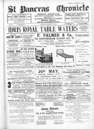 cover page of St. Pancras Chronicle, People's Advertiser, Sale and Exchange Gazette published on November 15, 1907