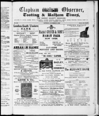 cover page of Clapham Observer published on November 30, 1889