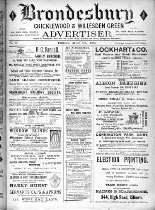 cover page of Brondesbury, Cricklewood & Willesden Green Advertiser published on July 8, 1892