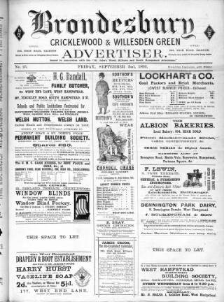 cover page of Brondesbury, Cricklewood & Willesden Green Advertiser published on September 2, 1892