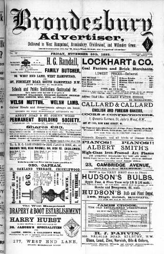 cover page of Brondesbury, Cricklewood & Willesden Green Advertiser published on November 25, 1892