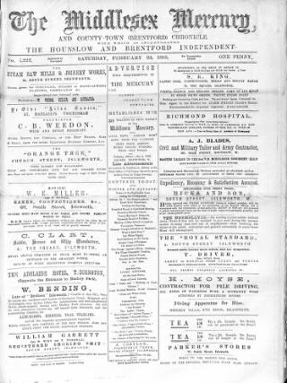 cover page of Middlesex Mercury published on February 23, 1895