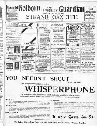 cover page of Holborn and Finsbury Guardian published on November 21, 1913