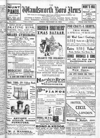 cover page of Wandsworth Borough News published on November 26, 1909