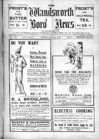cover page of Wandsworth Borough News published on July 24, 1914