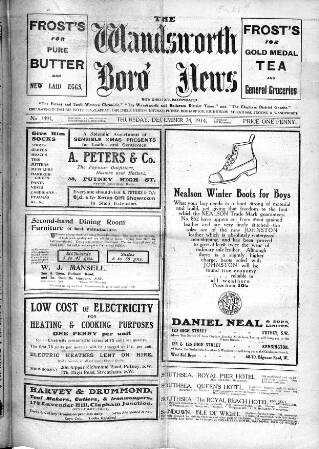 cover page of Wandsworth Borough News published on December 24, 1914