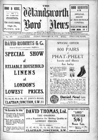 cover page of Wandsworth Borough News published on February 28, 1919