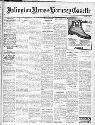 cover page of Islington News and Hornsey Gazette published on November 29, 1918