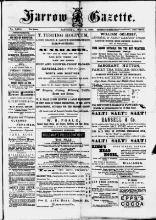 cover page of Harrow Gazette published on July 6, 1889