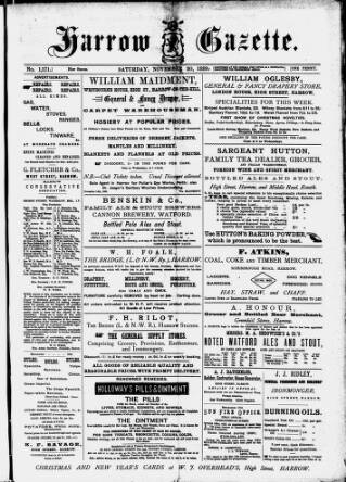cover page of Harrow Gazette published on November 30, 1889