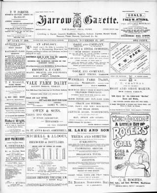 cover page of Harrow Gazette published on November 15, 1907