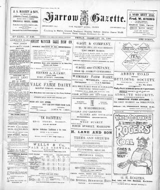 cover page of Harrow Gazette published on February 28, 1908