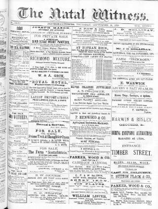 cover page of Natal Witness published on September 26, 1878
