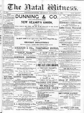 cover page of Natal Witness published on November 21, 1878