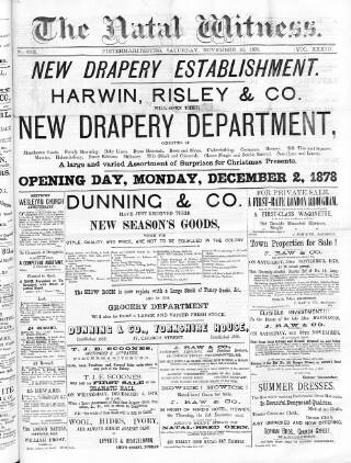 cover page of Natal Witness published on November 30, 1878