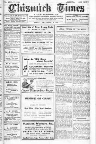 cover page of Chiswick Times published on November 10, 1916