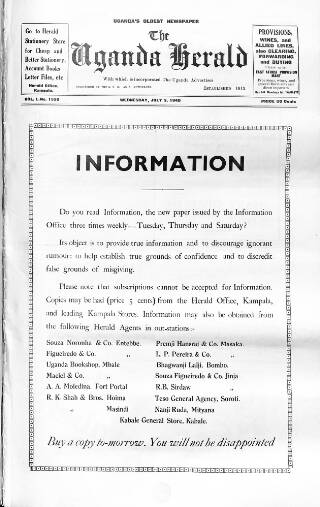cover page of Uganda Herald published on July 3, 1940