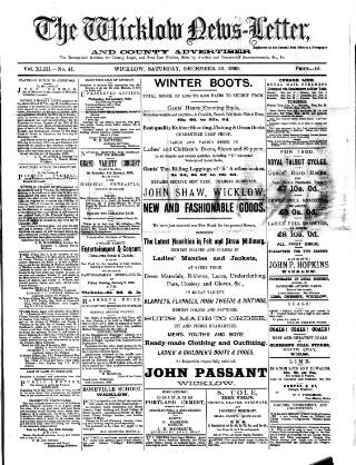 cover page of Wicklow News-Letter and County Advertiser published on December 30, 1899