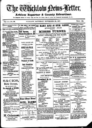cover page of Wicklow News-Letter and County Advertiser published on November 30, 1907