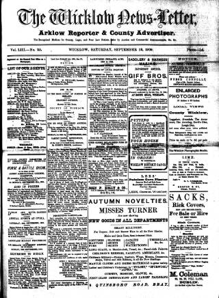 cover page of Wicklow News-Letter and County Advertiser published on September 18, 1909