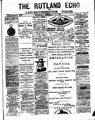 cover page of Rutland Echo and Leicestershire Advertiser published on November 15, 1884