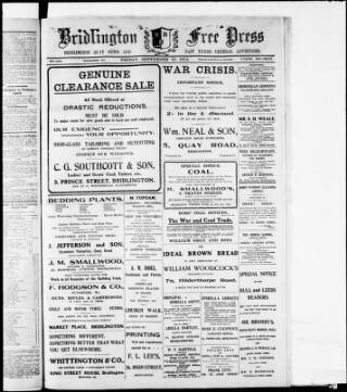 cover page of Bridlington Free Press published on September 18, 1914