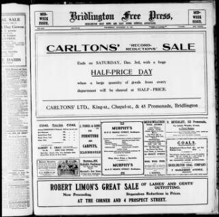 cover page of Bridlington Free Press published on November 30, 1921