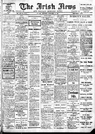 cover page of Irish News and Belfast Morning News published on November 30, 1911