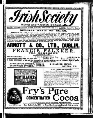 cover page of Irish Society (Dublin) published on November 15, 1890