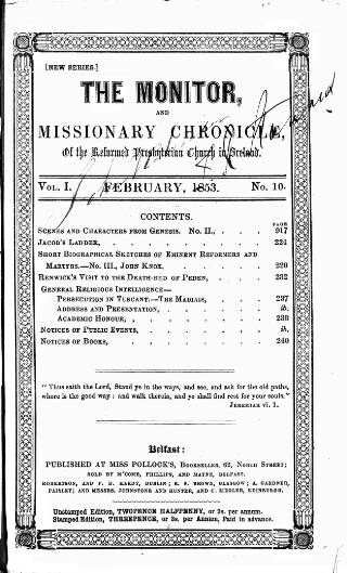 cover page of Monitor and Missionary Chronicle published on February 1, 1854