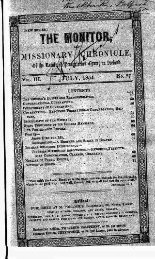 cover page of Monitor and Missionary Chronicle published on July 1, 1854