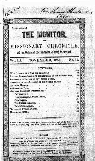 cover page of Monitor and Missionary Chronicle published on November 1, 1854