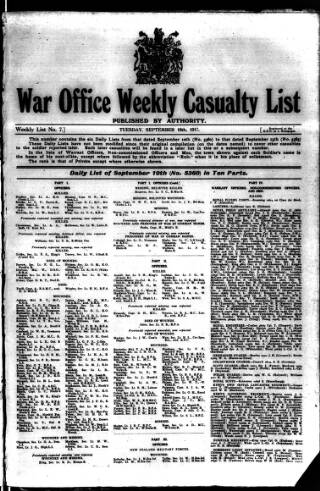 cover page of Weekly Casualty List (War Office & Air Ministry ) published on September 18, 1917