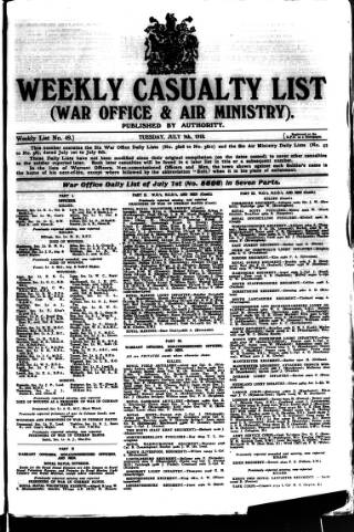 cover page of Weekly Casualty List (War Office & Air Ministry ) published on July 9, 1918