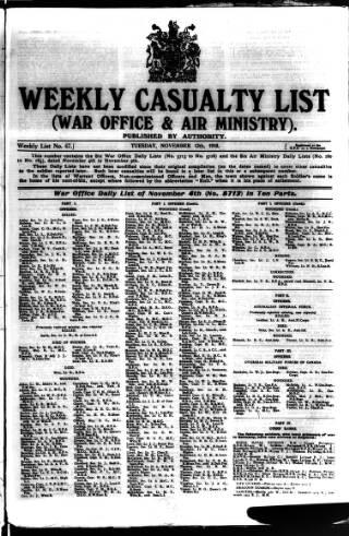 cover page of Weekly Casualty List (War Office & Air Ministry ) published on November 12, 1918