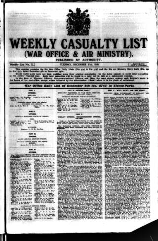 cover page of Weekly Casualty List (War Office & Air Ministry ) published on December 17, 1918